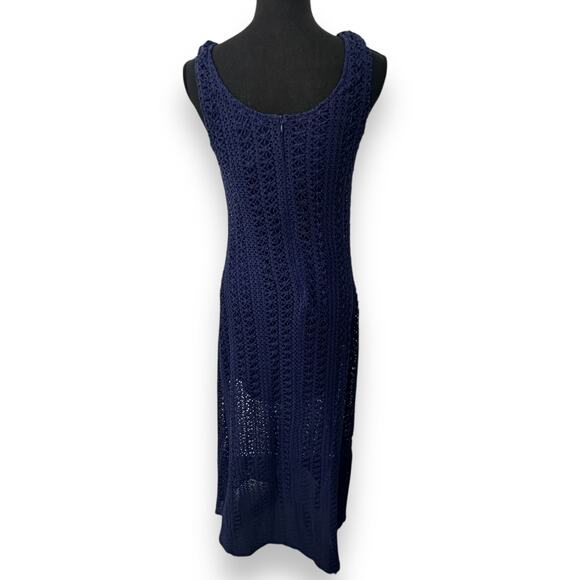 QUINN Navy Blue Crochet Knit Sleeveless Midi Dress with Lining Size Medium NWT - Picture 2 of 13